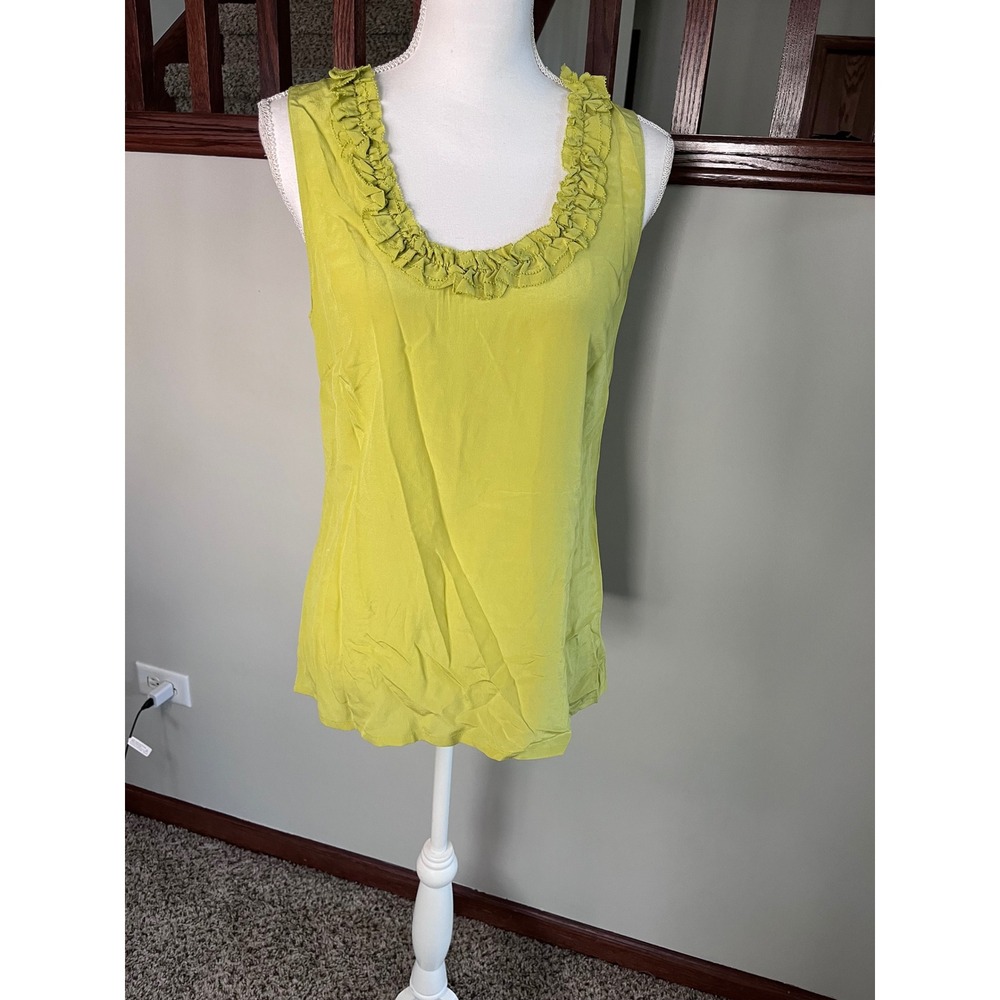 Halogen Womens Chartreuse Green 100% Silk Ruffle Neck Sleeveless Blouse M
